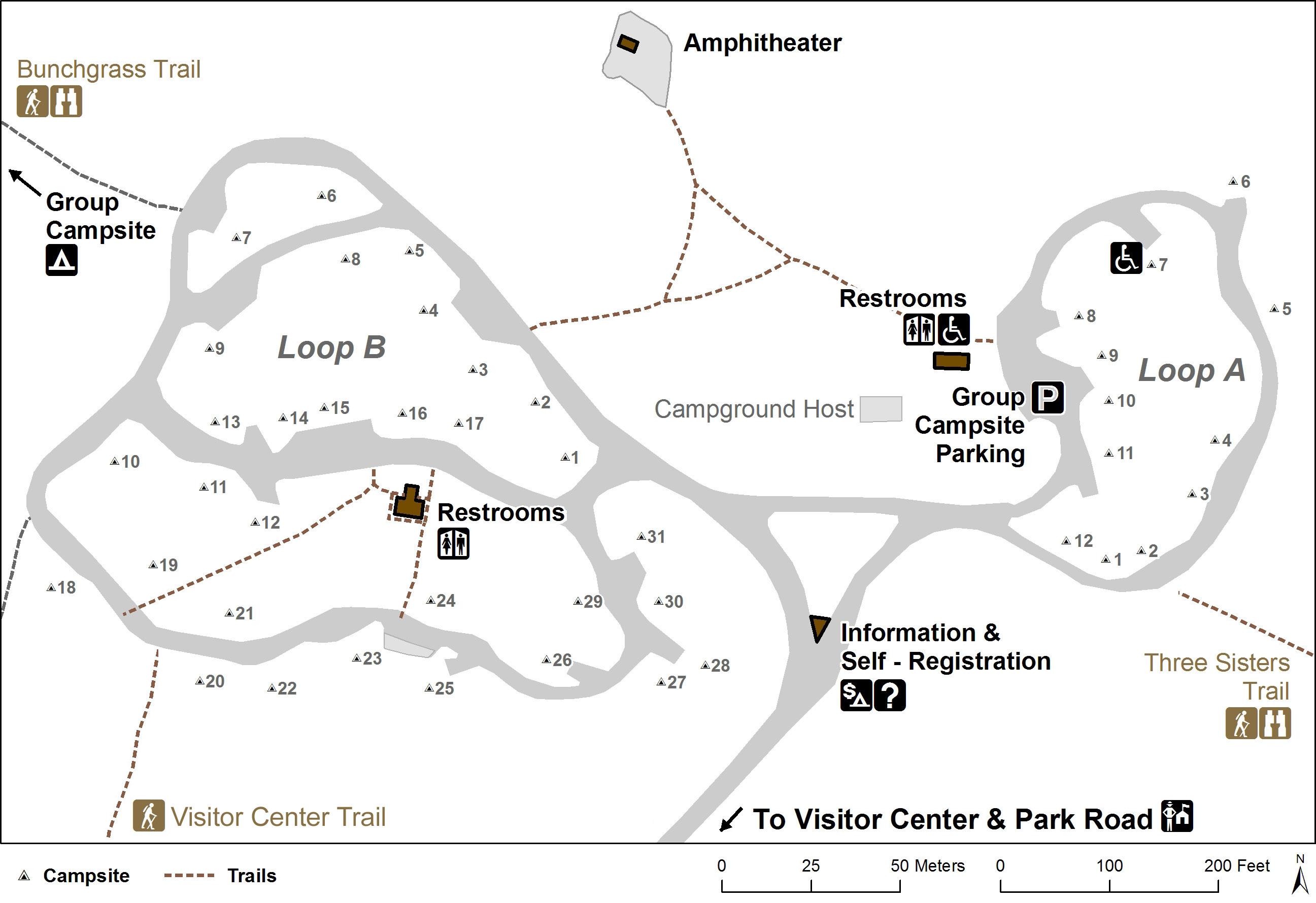 map showing the road into the campground, splitting into loop A and loop B w