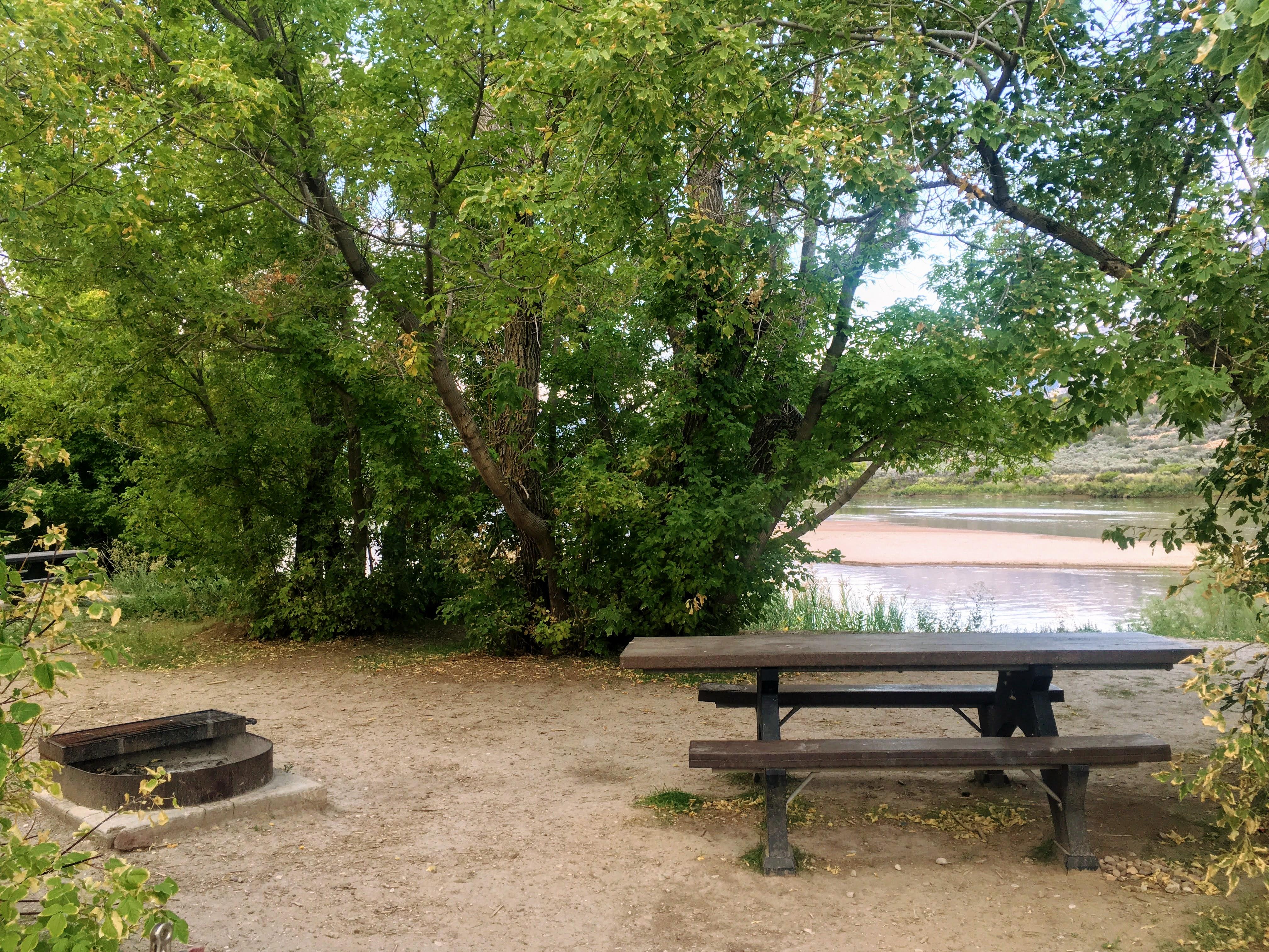 A picnic table and fire grate in the Rainbow Park Campground.