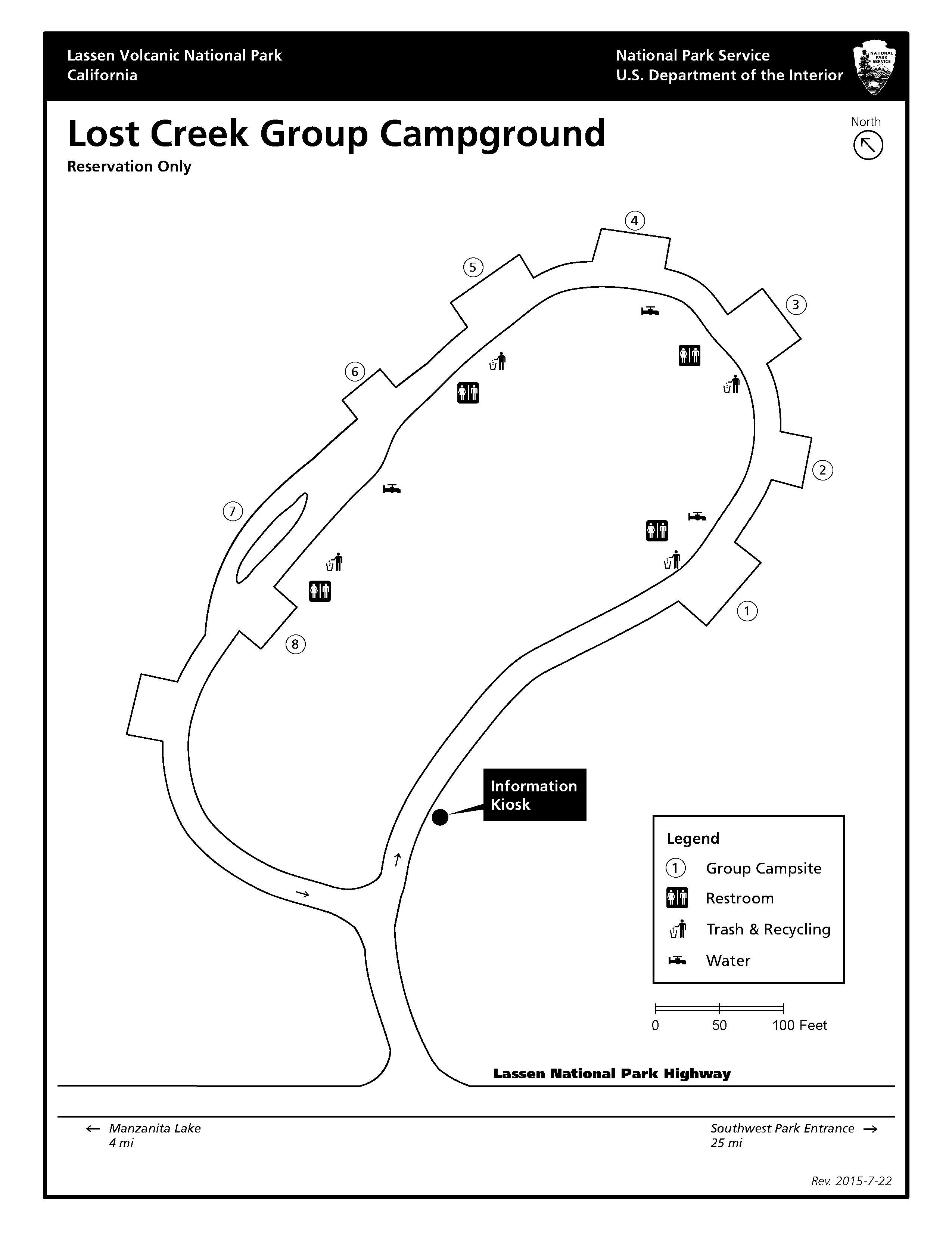 A map of an oval loop with 8 campsites.