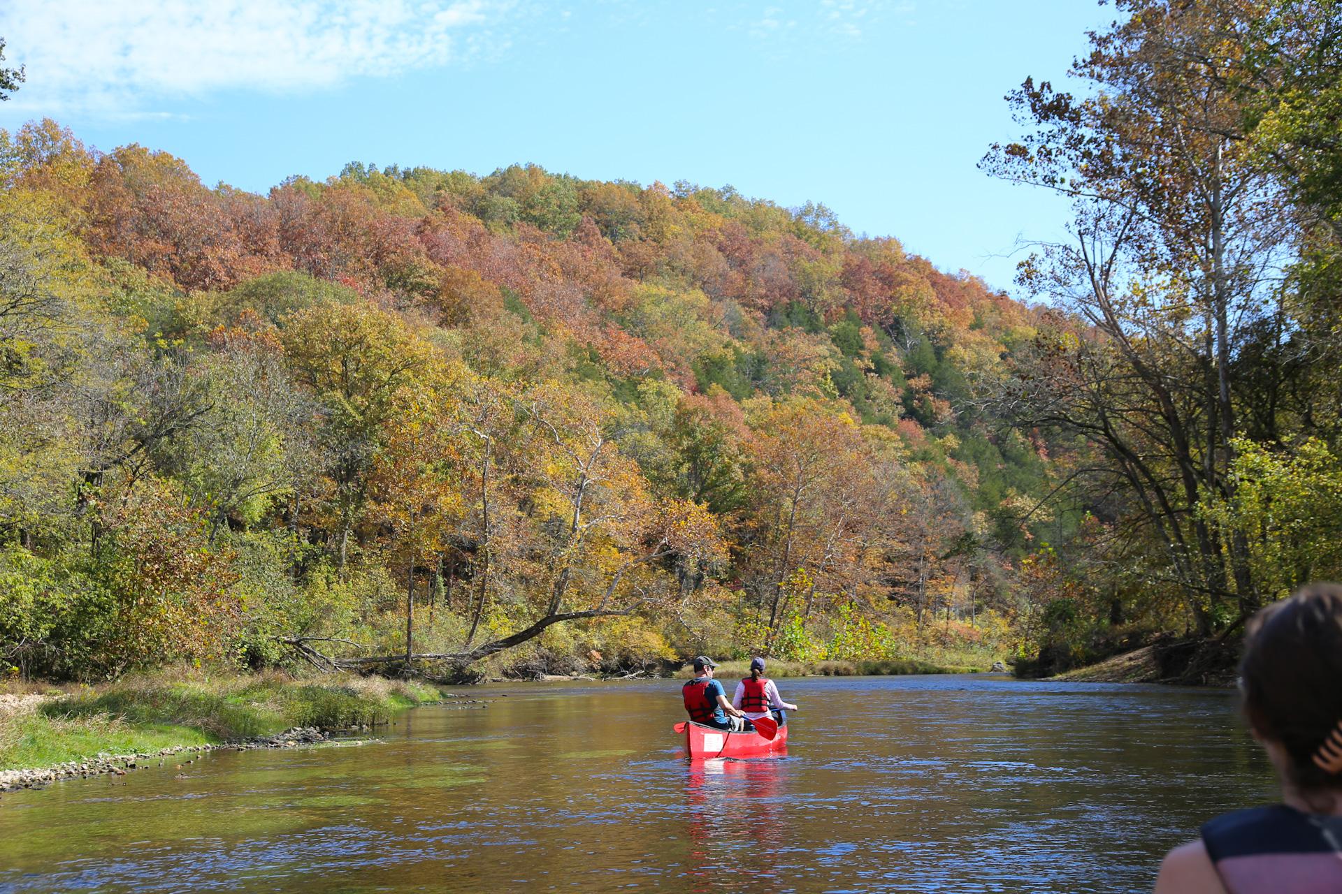 A canoe floats down a river surrounded in fall color.