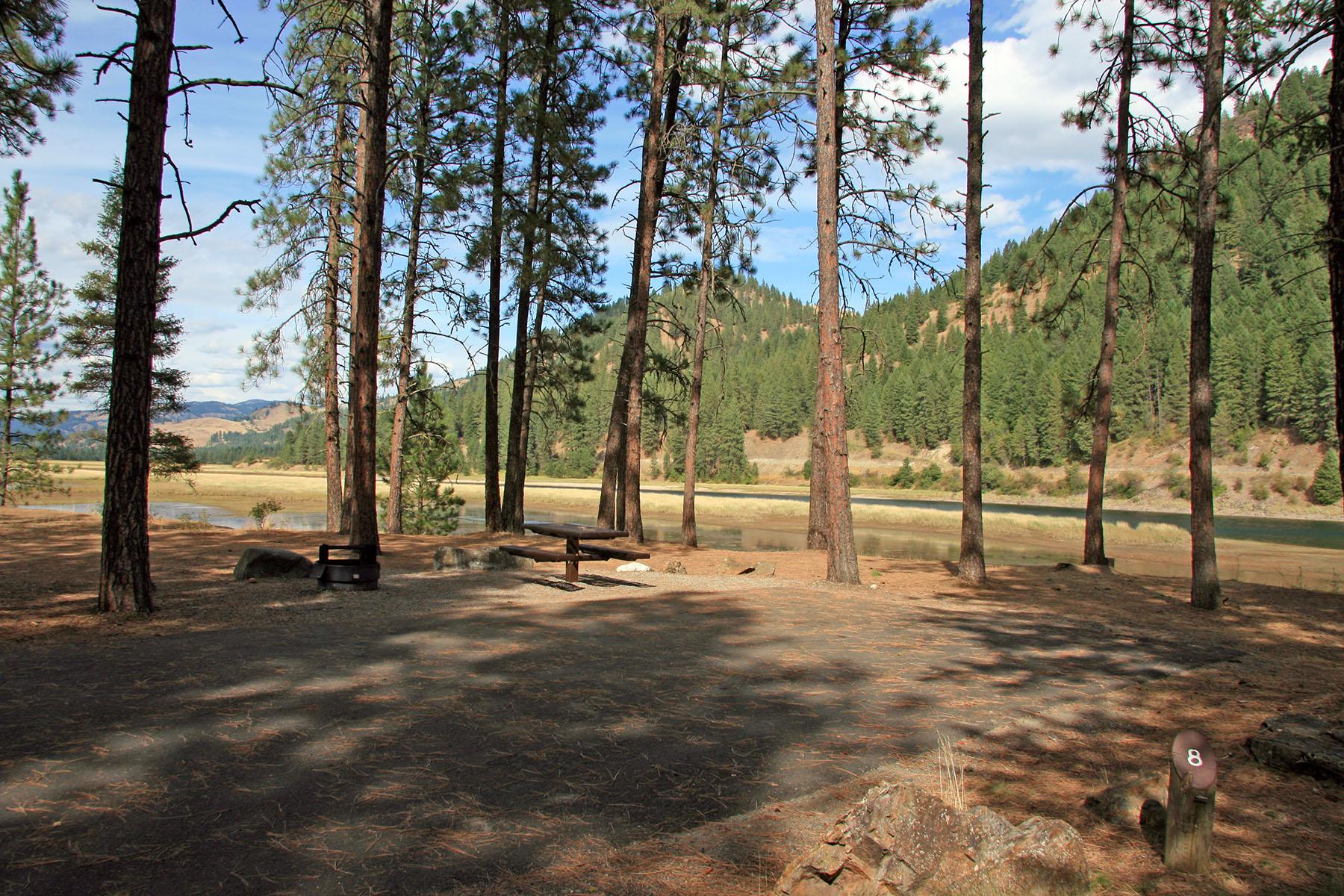 large campsite with paved parking spot on the riverbank