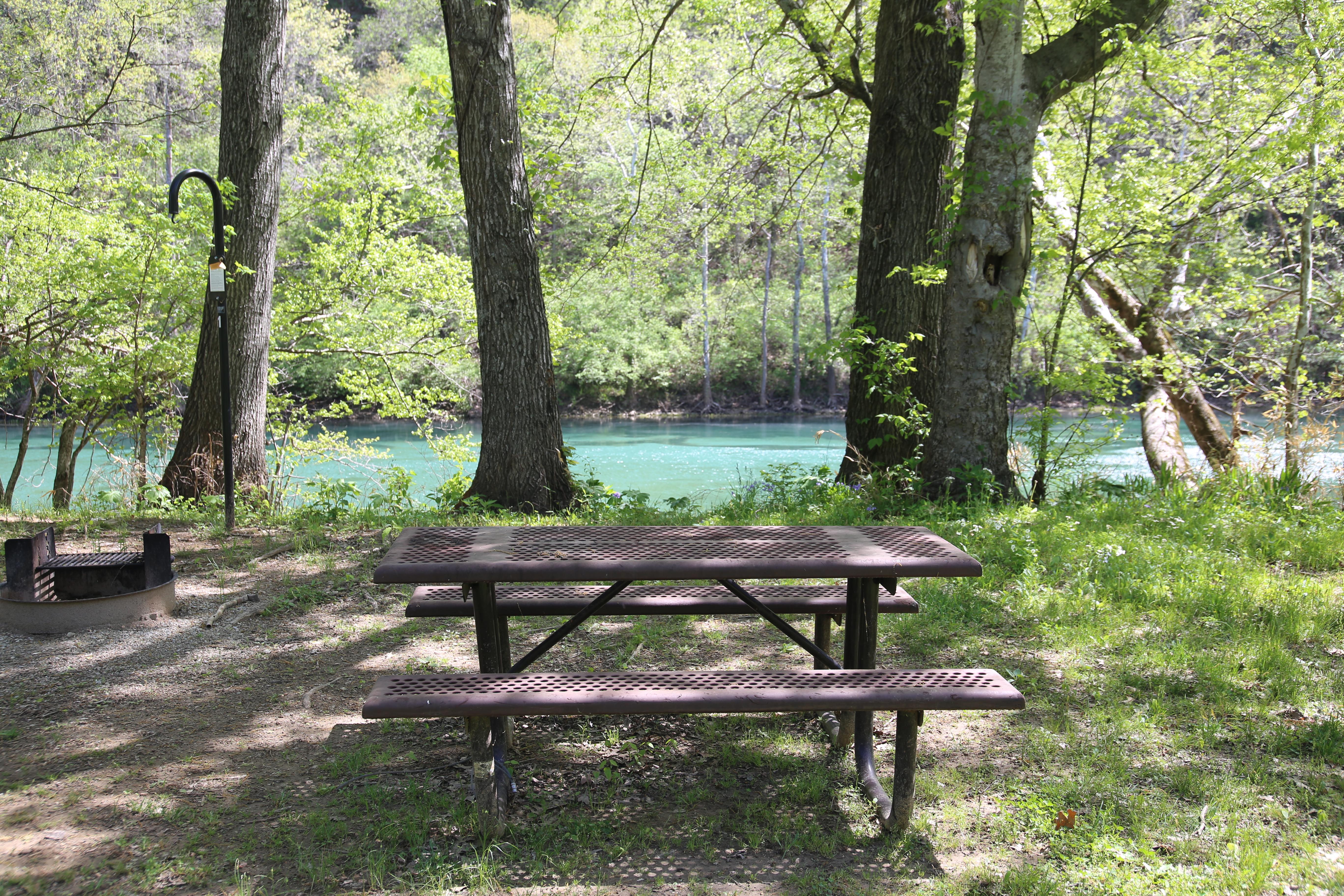 A picnic table and fire ring sit empty, with a blue river in the background.