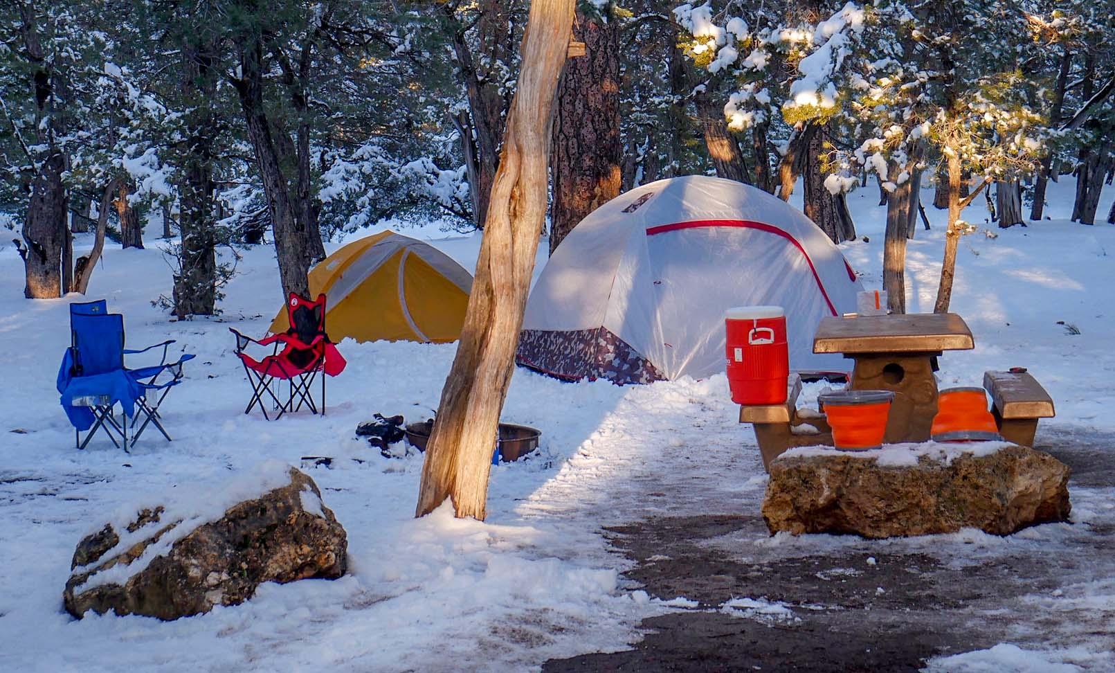 In a snow covered campsite, two dome tents, and some folding chairs