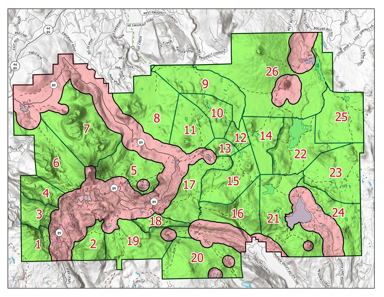 map of Lassen Volcanic National Park overlayed with numbered zones and areas closed to camping.