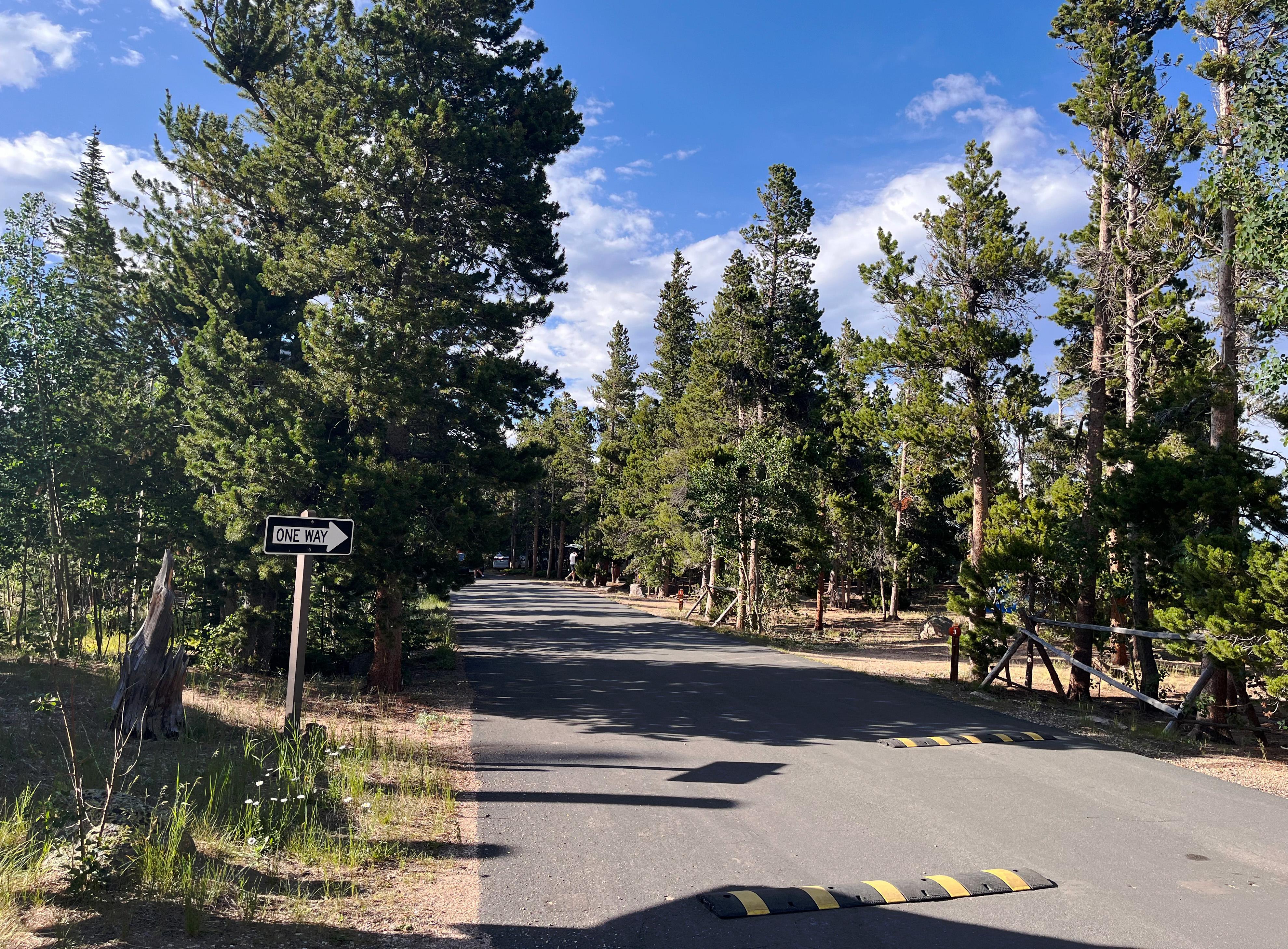 A paved road around Longs Peak Campground to the campsites