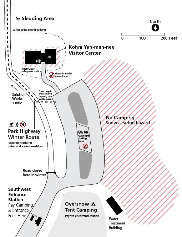 A map of a parking area, campground, and visitor center indicating closures and routes for snow.