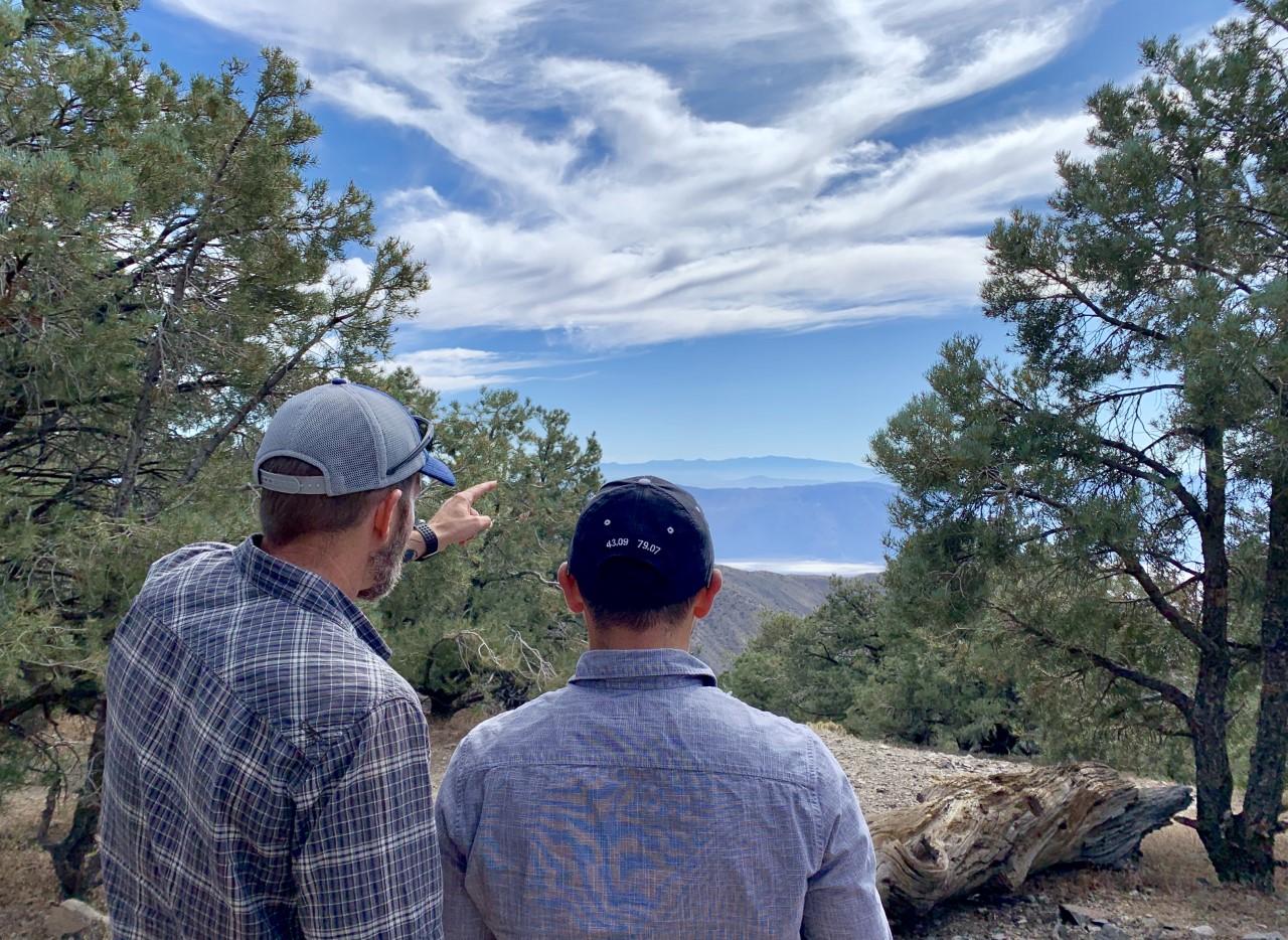 To men stand on flat ground & point outward through pine trees to a valley below.