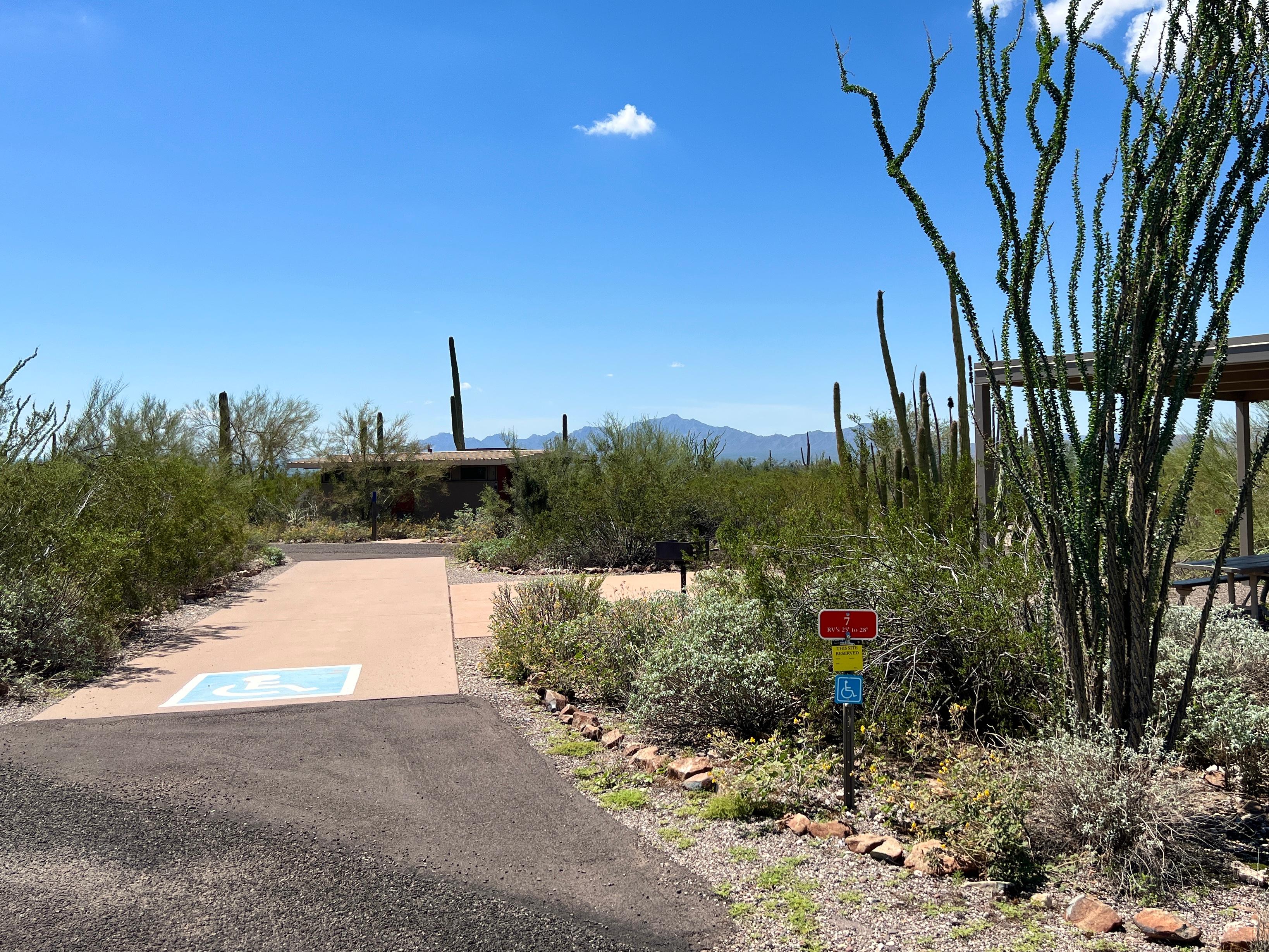 The driveway of a campground site with a blue and white wheelchair accessible symbol painted on it.