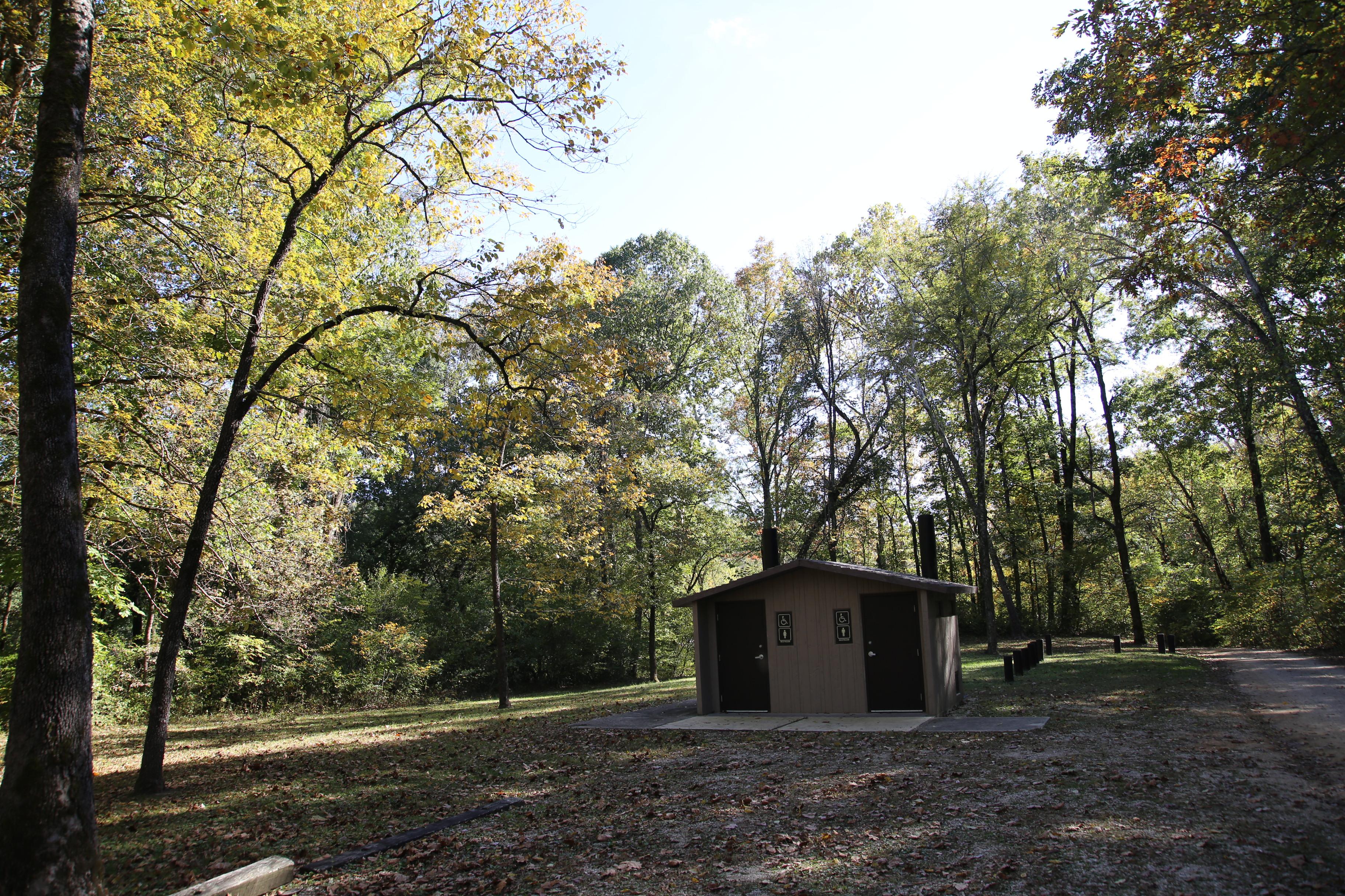 A concrete vault toilet building in a forest clearing.
