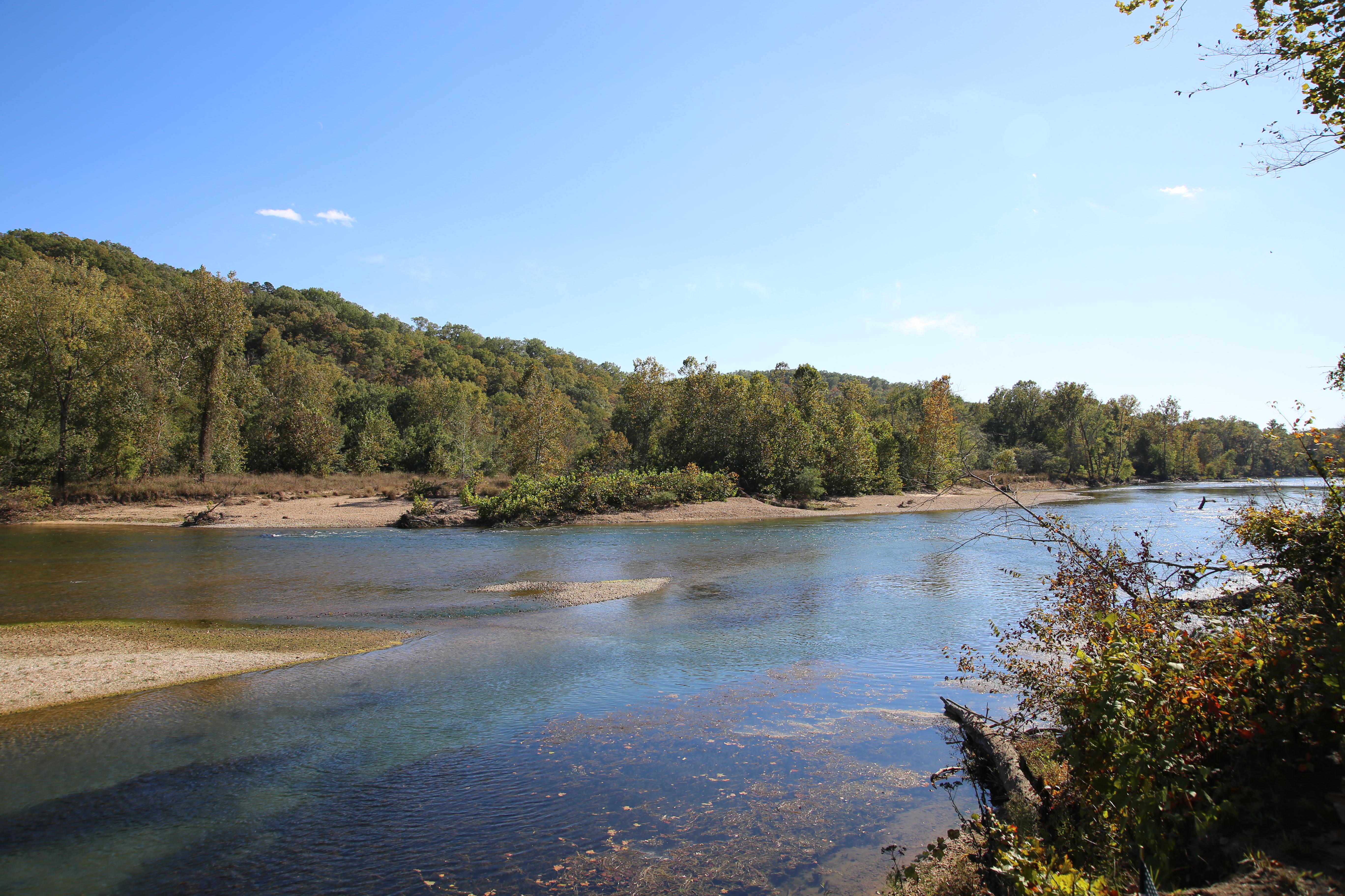 A wide river flows along gravel bars and trees.