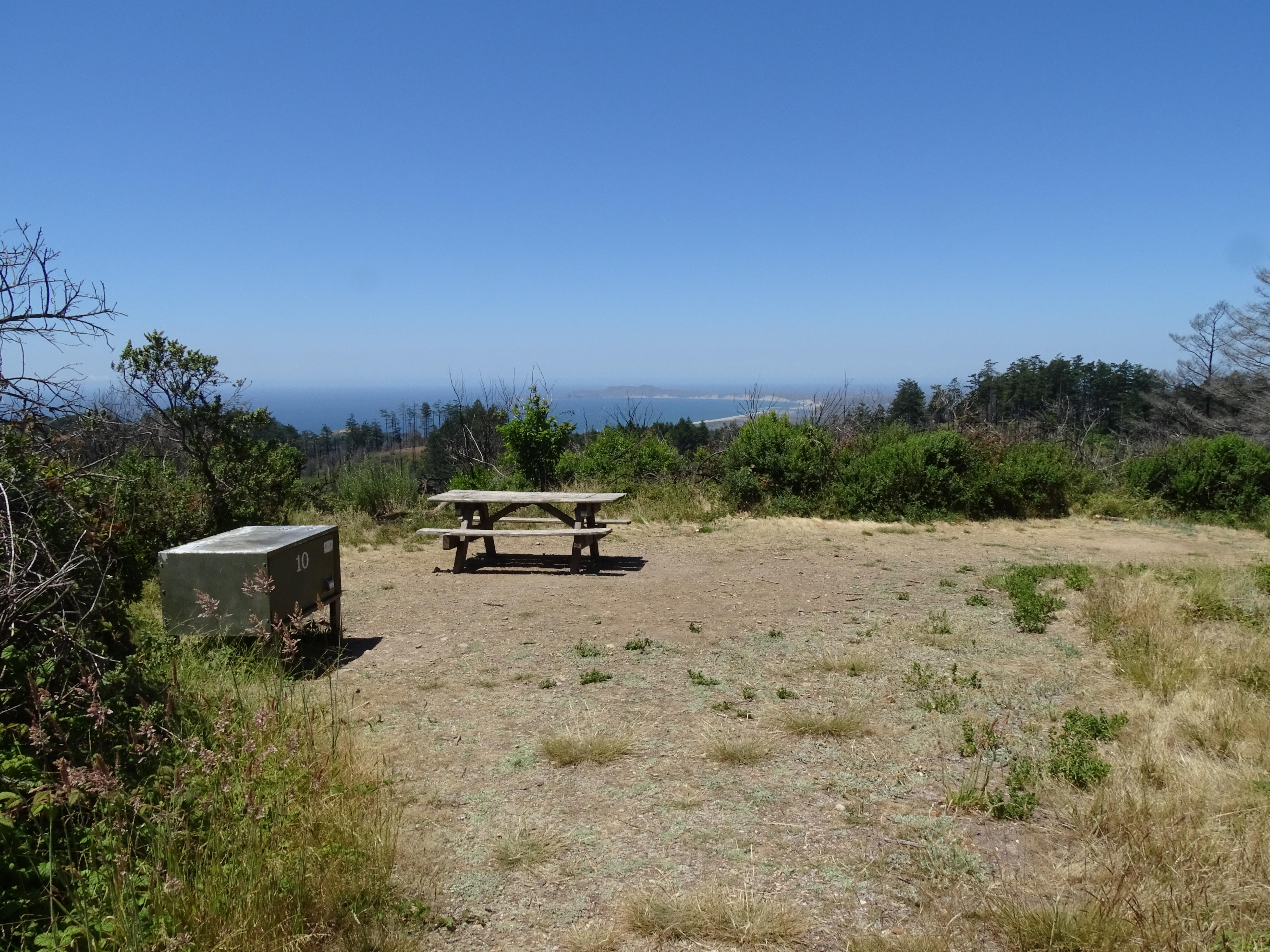 A campsite containing a picnic table and a food storage locker overlooking trees and the ocean.