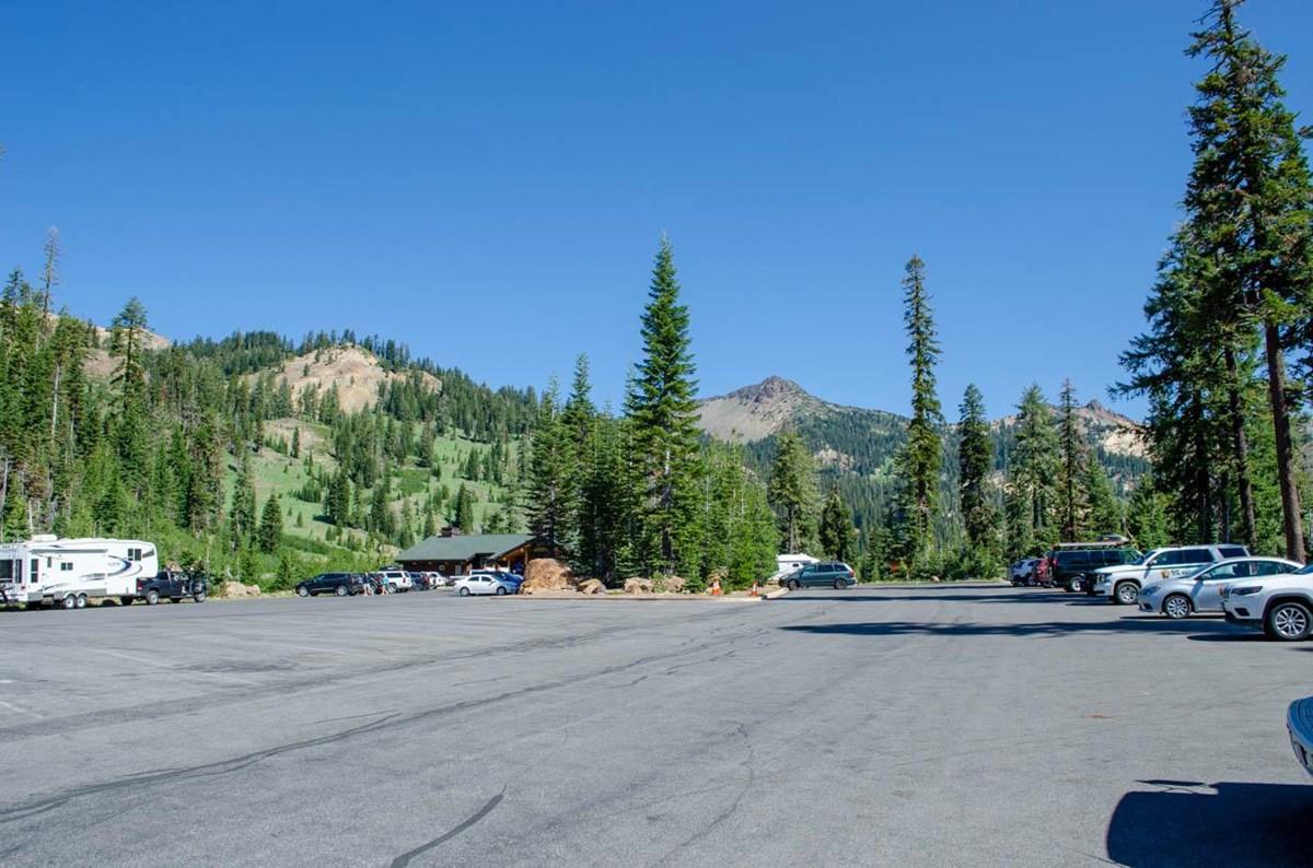 large parking lot with vehicles among pine trees, mountains behind