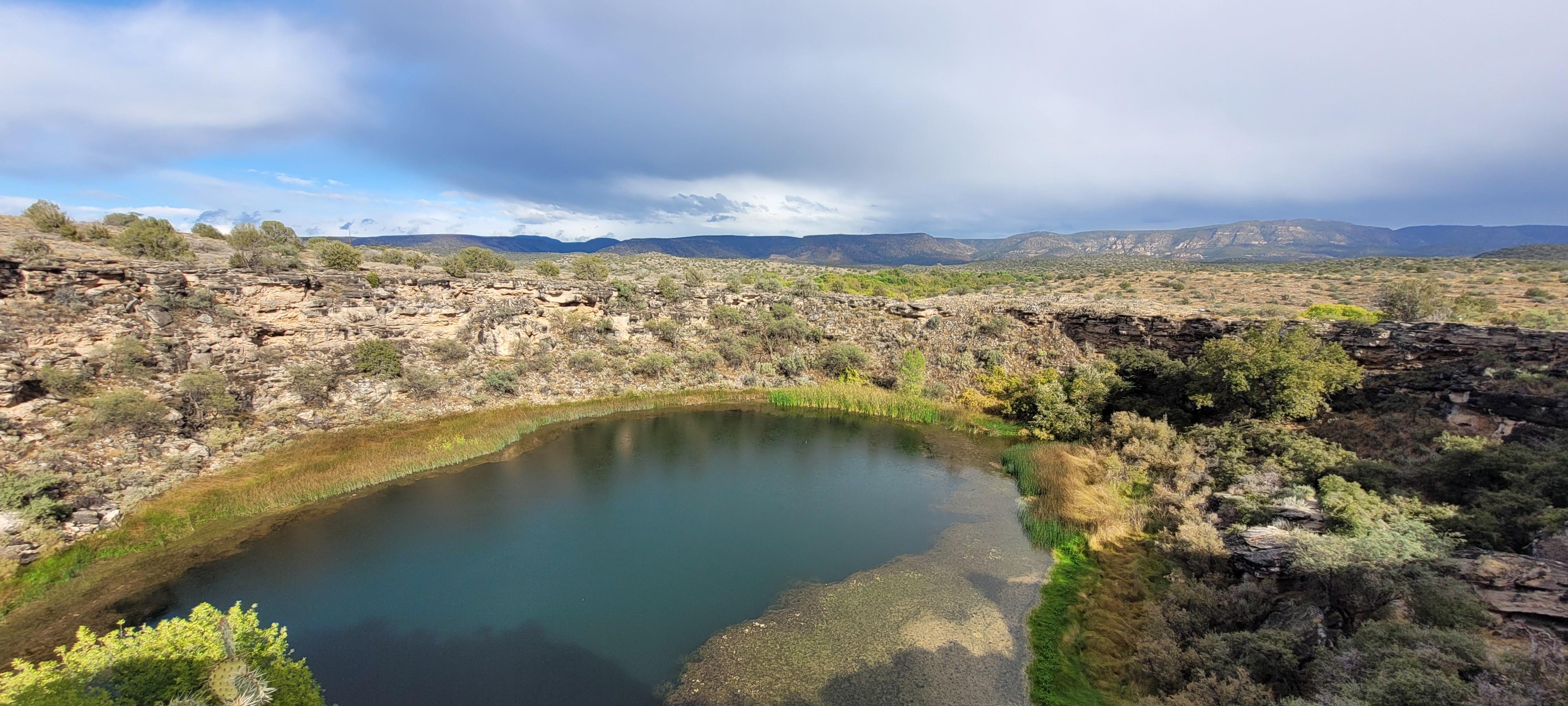 a blue sinkhole surrounded by algae, reeds, and cattails in a desert landscape