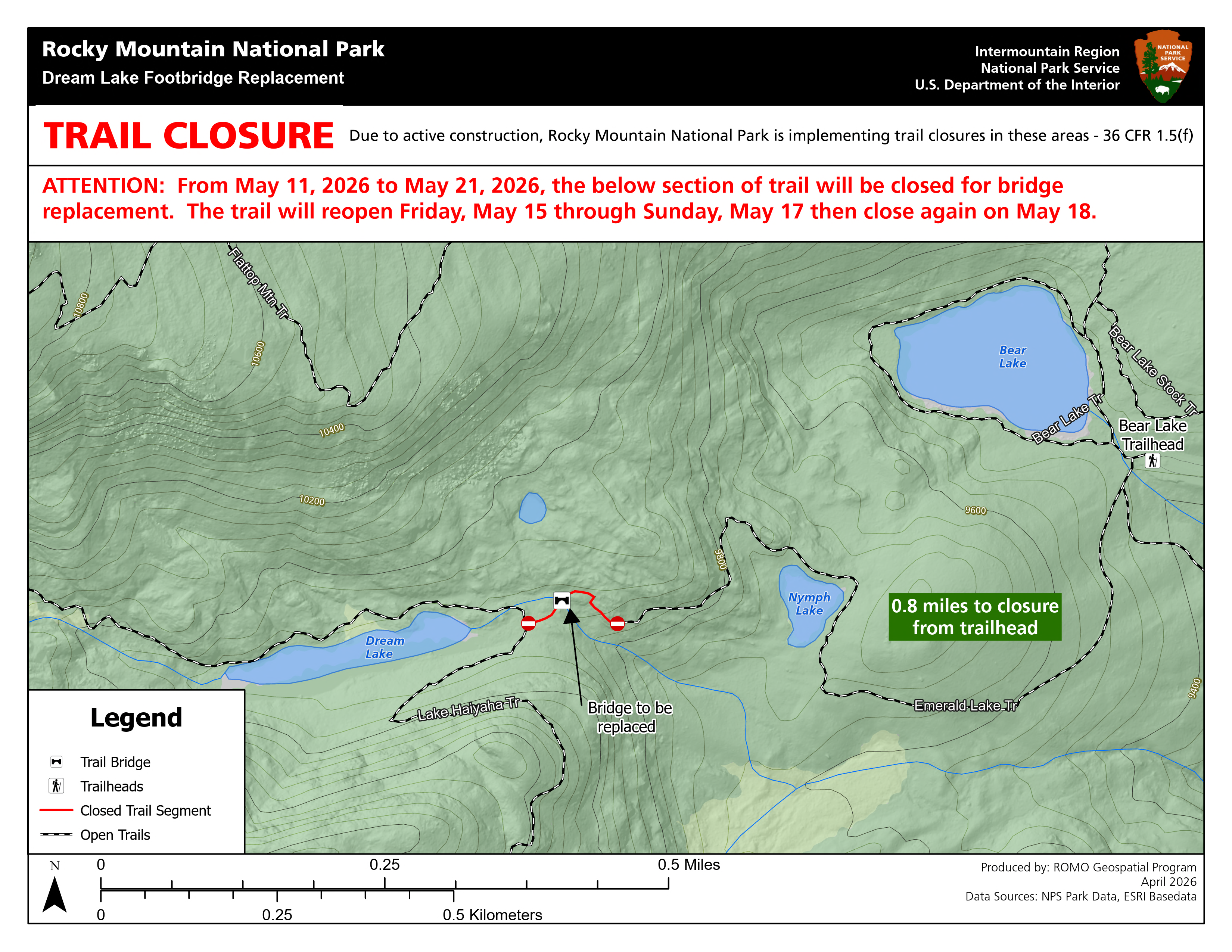 Temporary Trail Closure Above Nymph Lake For Bridge Replacement Impacting Access to Dream Lake, Emerald Lake and Lake Haiyaha