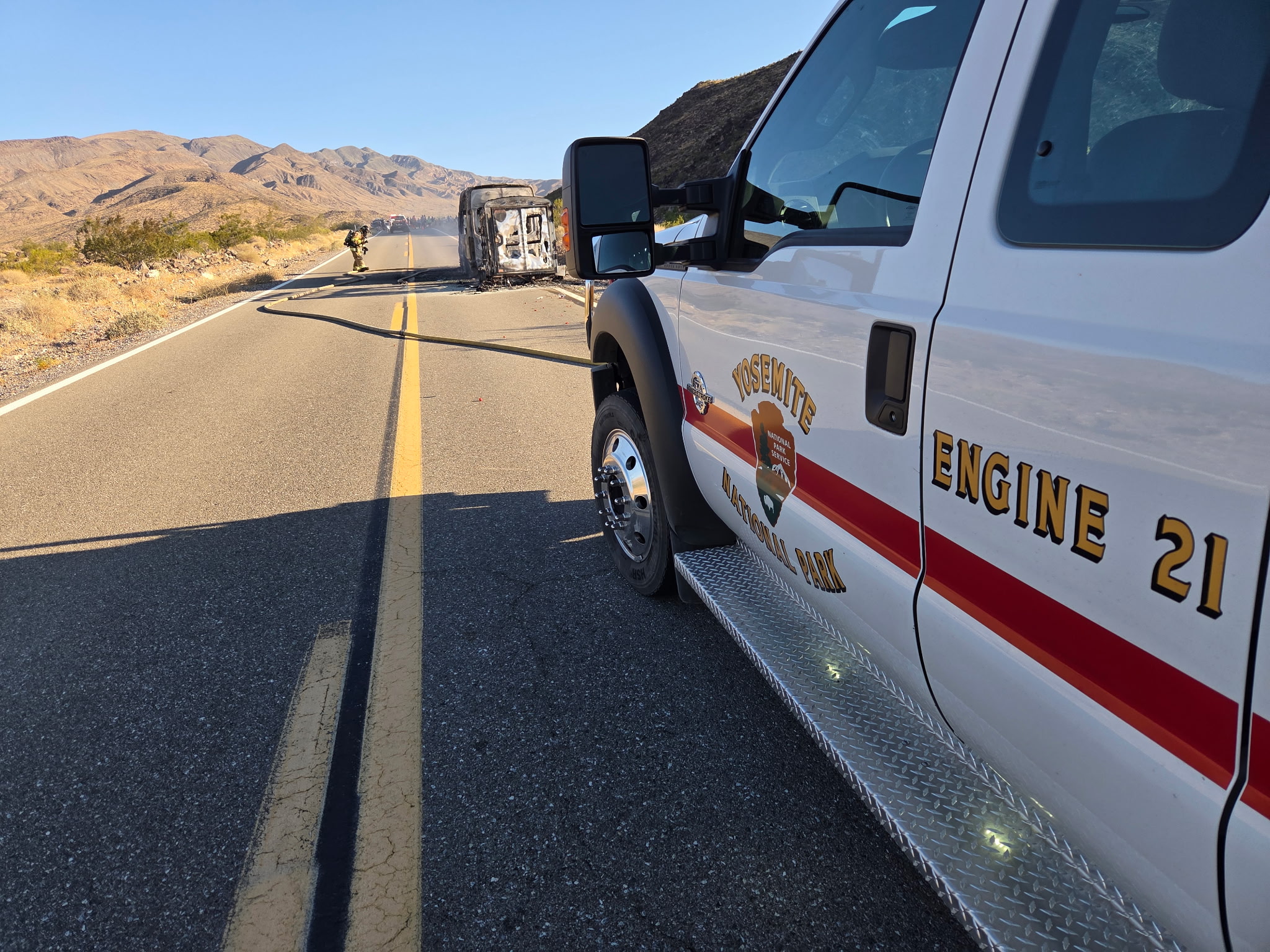 Van and Trailer Destroyed by Fire on SR-190 in Death Valley National Park