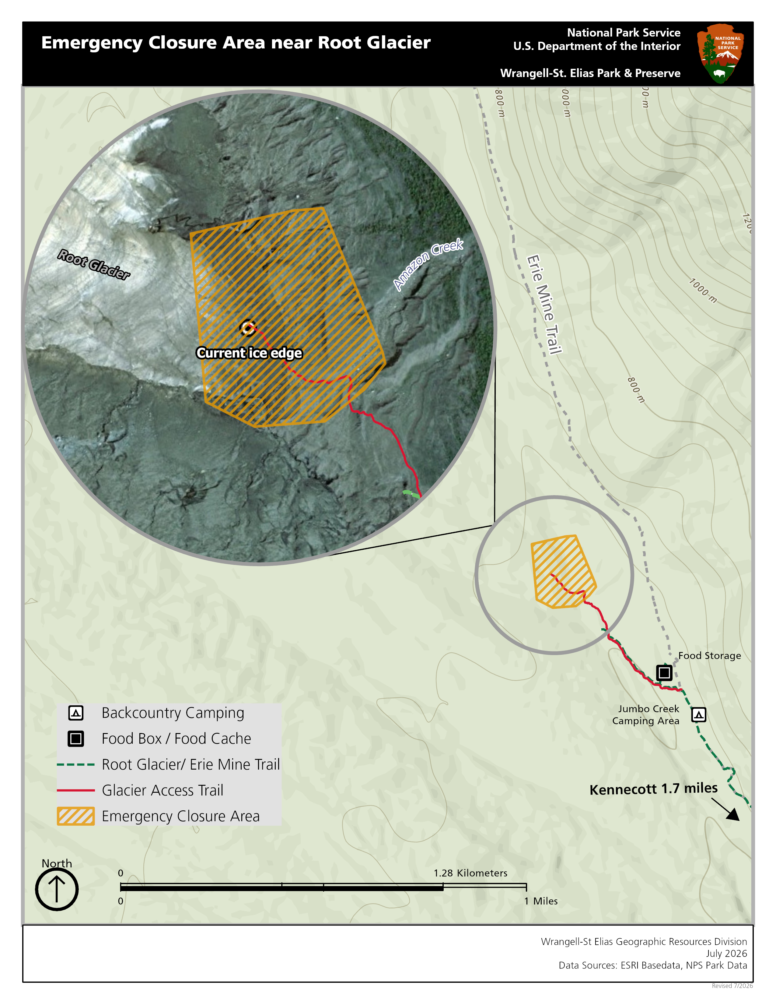 Closed Area on Root Glacier Access Trail in Wrangell-St. Elias National Park and Preserve